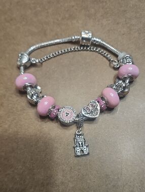 1pc Pink Disney Bracelet For Women 8.3in Crystal Cartoon Bead Bracelet Silver